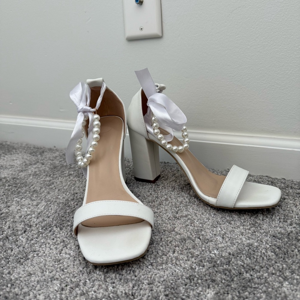 White Strappy High Heels with Bow & Pearl Detail